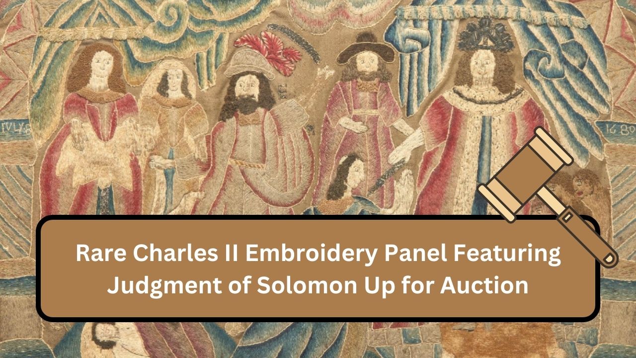 Rare Charles II Embroidery Panel Featuring Judgment of Solomon Up for Auction